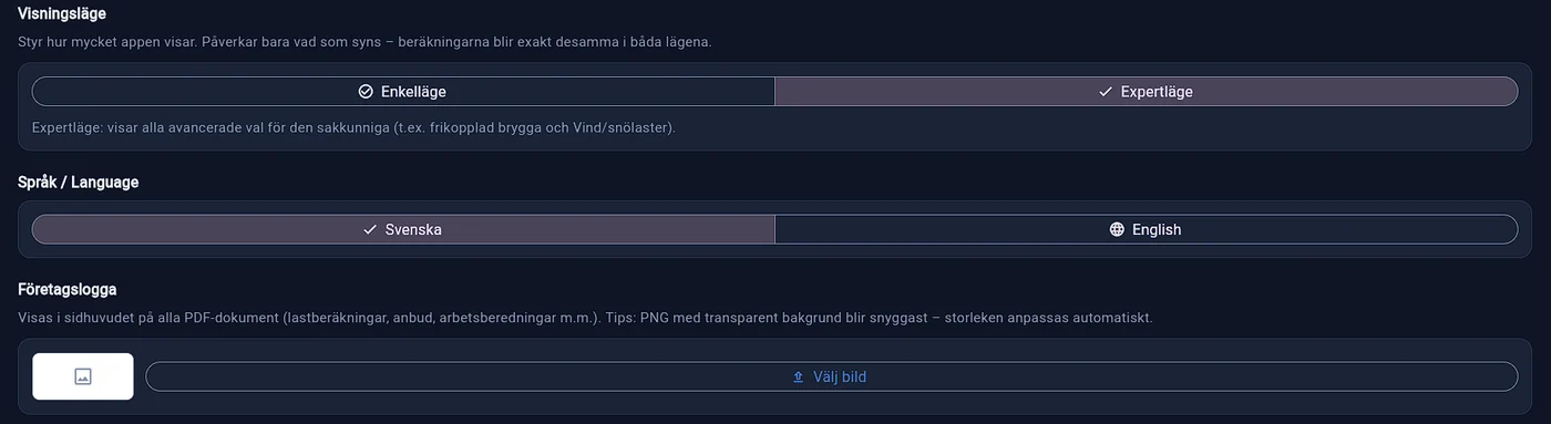 Inställningar i ScaffMate: enkelläge eller expertläge, språkval och egen företagslogga i PDF-dokumenten