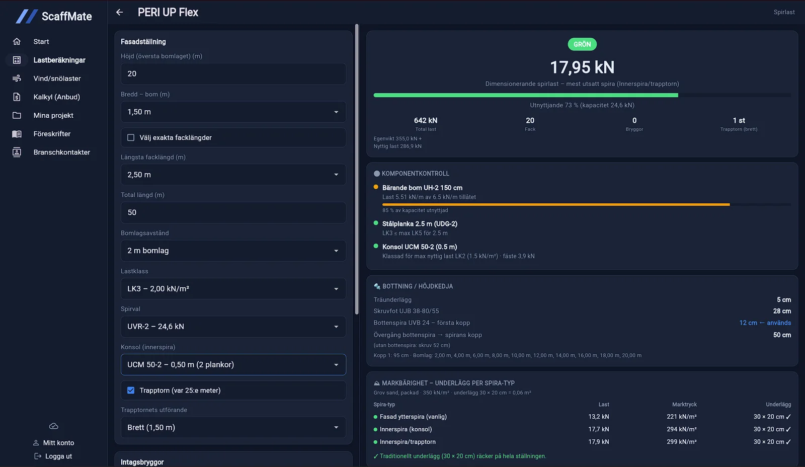 Hela beräkningsvyn i ScaffMate med indata till vänster och resultat till höger