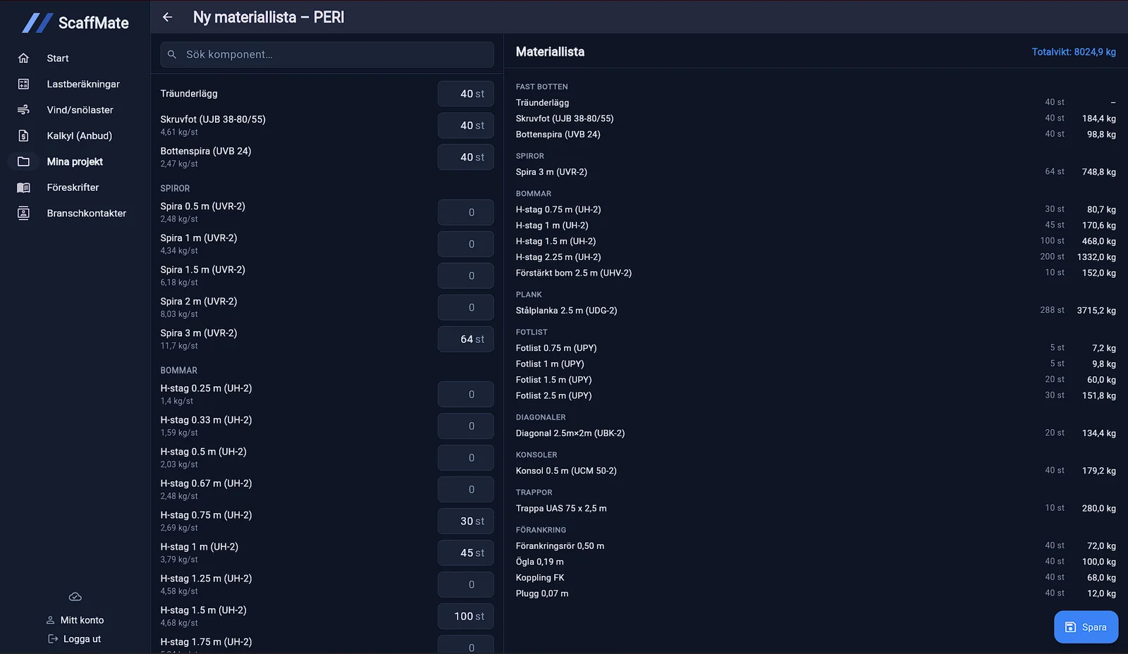 Materiallista i ScaffMate med komponentregister och färdig lista med vikter