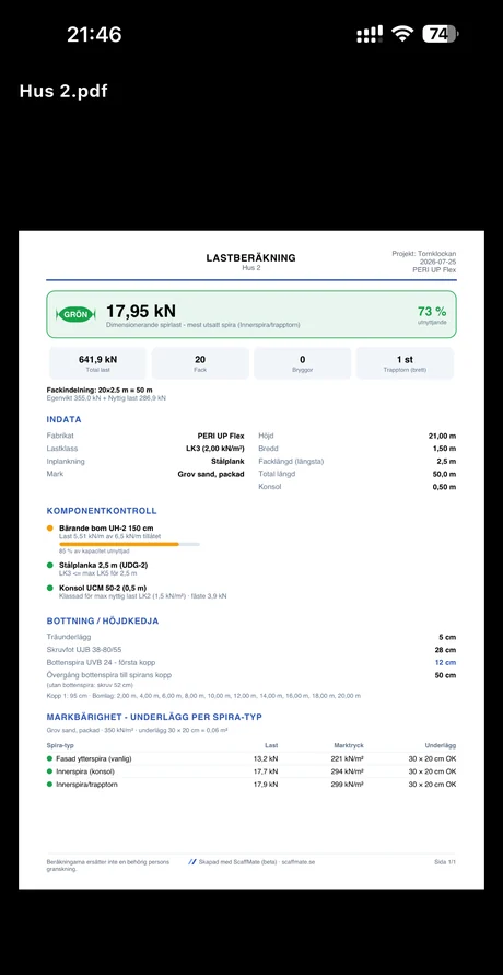 Samma lastberäkning öppnad i ScaffMate på iPhone