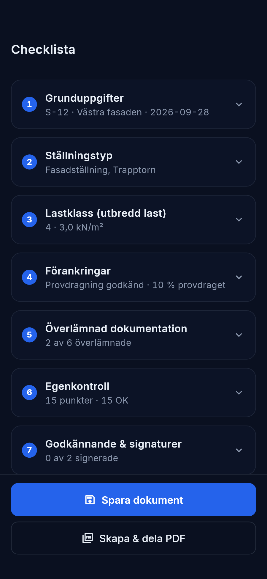 En blankett i ScaffMate i mobilen, ifylld i numrerade avsnitt