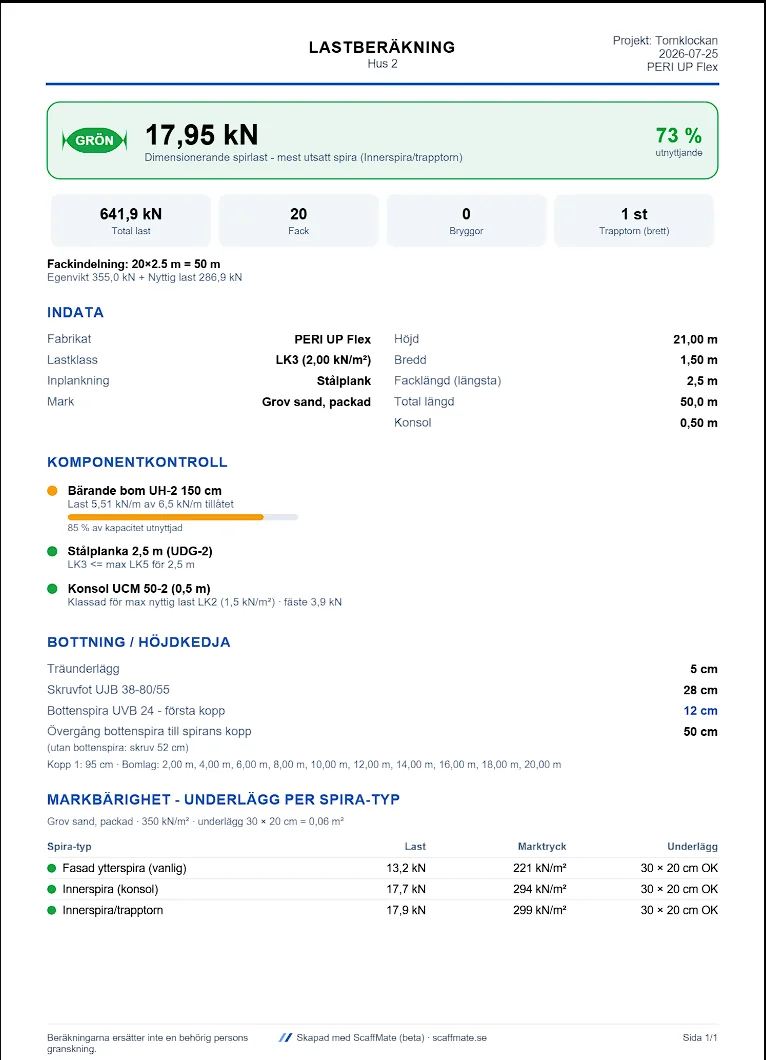 Lastberäkning som PDF med grön statusrad, indata, komponentkontroll, bottning och markbärighet