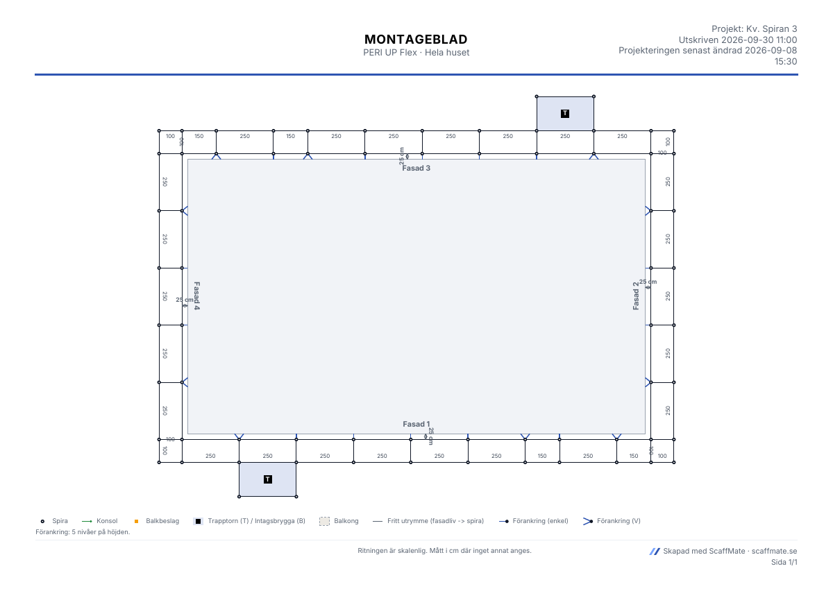 Montageblad ur Projekteringen: skalenlig ritning av hela huset med ställningen runt fasaderna